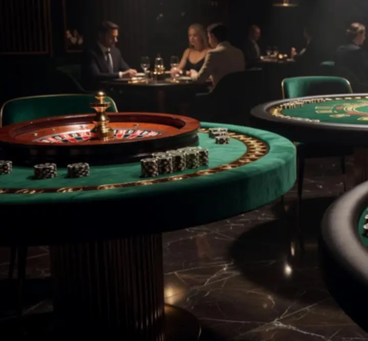 Elegantni rulet, blackjack i poker stolovi u luksuznom casino okruženju