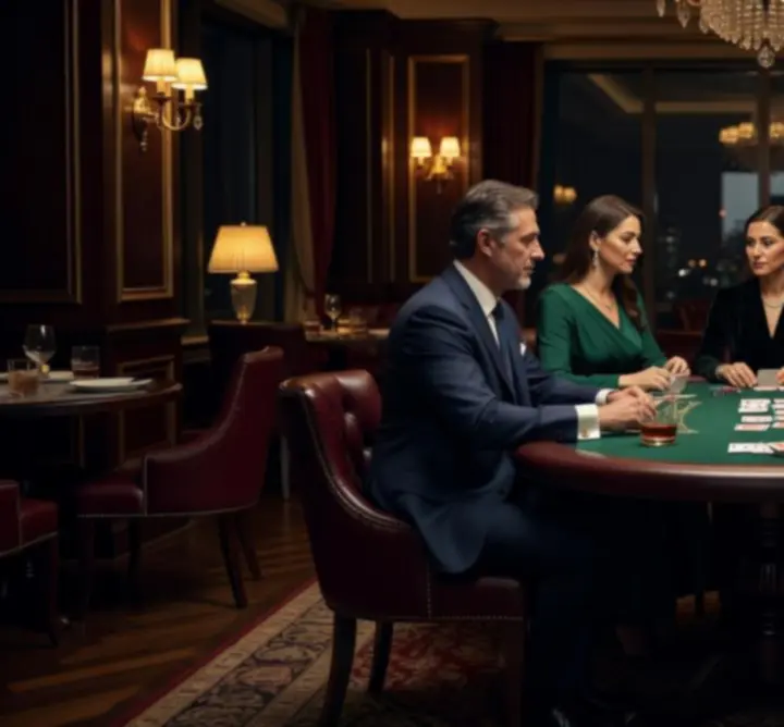 Diskretno osvijetljen casino stol u luksuznom lounge ambijentu.