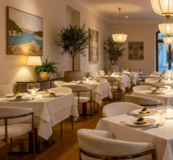 Pregled glavne sale restorana Paradise Royale s elegantnim stolovima i ambijentalnim svjetlom