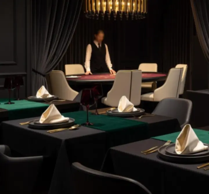 Atmosferski pogled na fine dining stolove i diskretne casino stolove u Paradise Royale Zagrebu