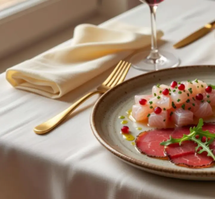 Umjetnički prezentirana fine dining predjela na tamnim tanjurima u luksuznom ambijentu.