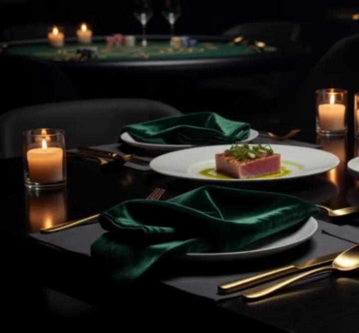 Sofisticirano postavljen stol s gurmanskim jelima u luksuznom restoranskom ambijentu.