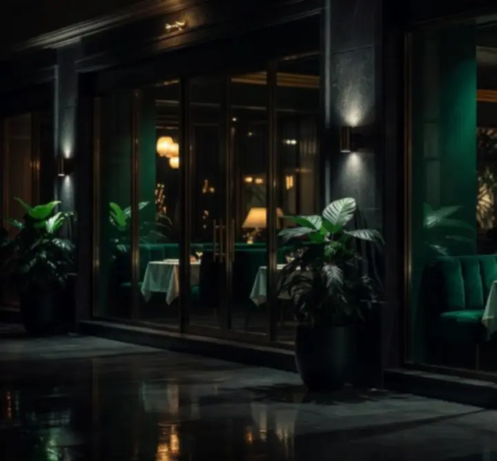 Noćna scena luksuznog restorana Paradise Royale s intimnim osvjetljenjem i elegantnim stolovima.