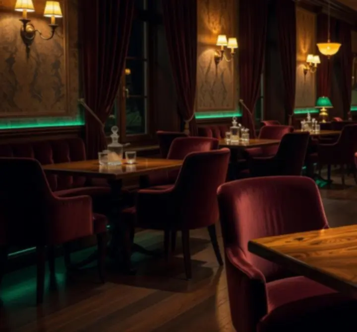 Elegantni interijer restorana s toplim rasvjetama i intimnim stolovima.