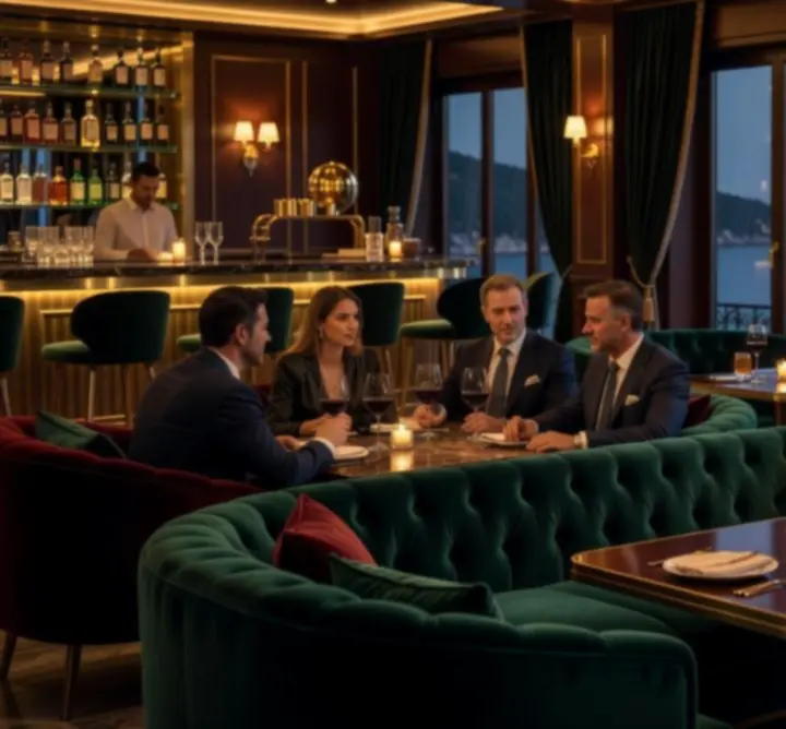Luksuzni večernji interijer lounge prostora s diskretnom rasvjetom i udobnim sofama.