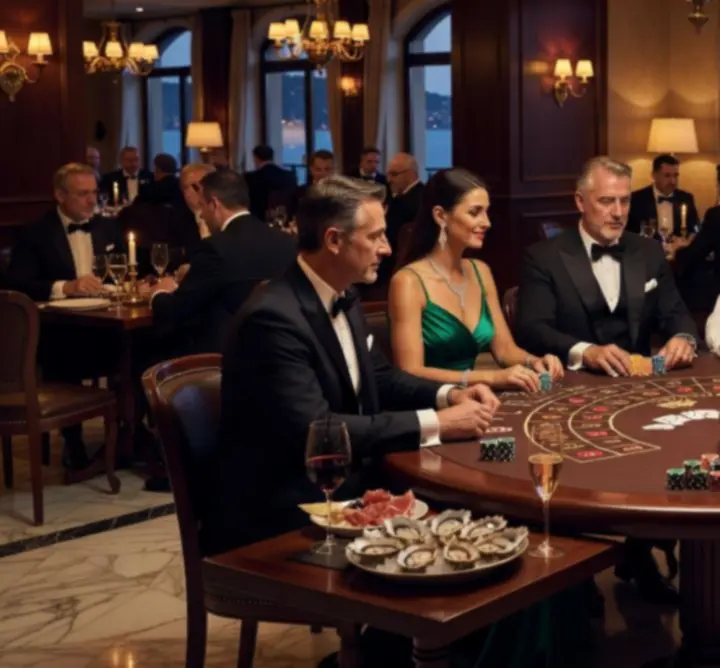 Elegantni casino stol u polumraku s gostima u večernjim kombinacijama u Paradise Royale