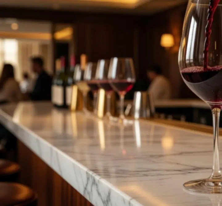 Čaše vina i kokteli u atmosferičnom, zlatno osvijetljenom loungeu.